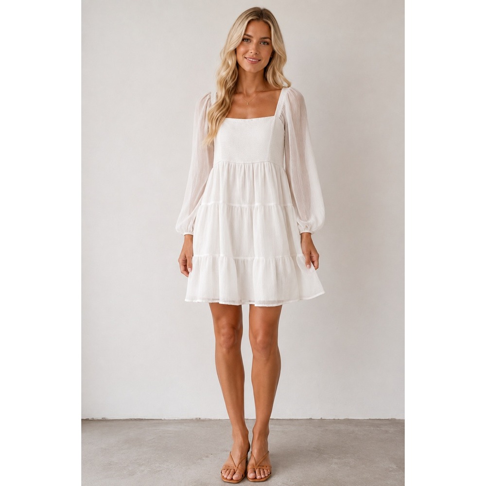 Altar'd State White Smocked Tiered Mini Dress Puff Sleeve Cottage Coquette M